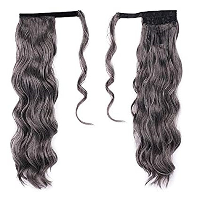 Gray Wavy Ponytail Extension for Black Women human Wrap Around grey Ponytail Long Curly Wave Clip in Magic Paste Hairpiece 22inch