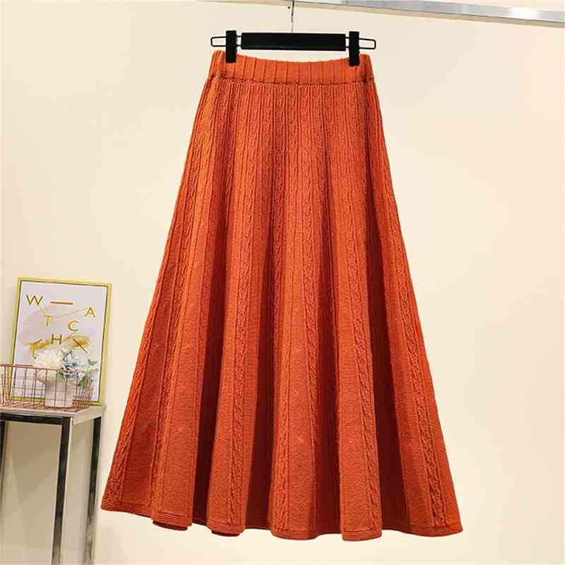 Vintage Winter Women thick sweater skirt Elastic High Waist Pleated Midi knitted Skirt female solid Plus size elegant Skirts 210520