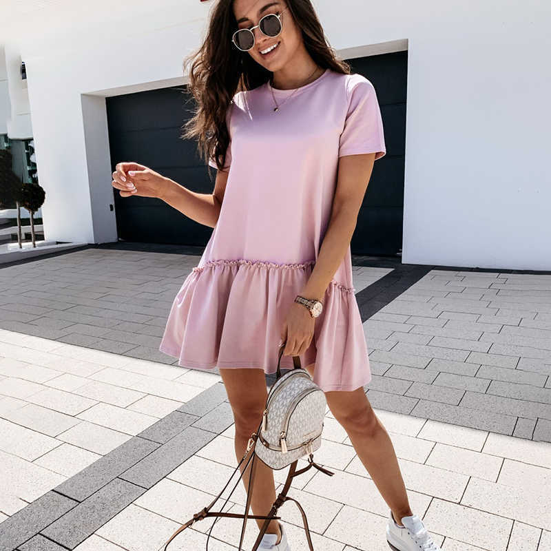 Summer Women Ruffles Mini Dress Fashion Loose Female White Short Dresses Casual O Neck Sleeve Lady Beach Vestidos 210526