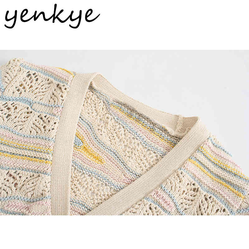YENKYE Women Pointelle Knit Cardigan Sexy V Neck Long Sleeve Outerwear Fashion Hollow Out Sweater Plus Size Tops 210515