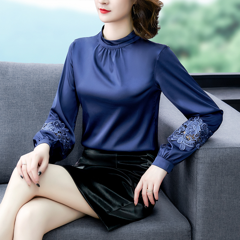 2021 New Fashion Solid Silk Shirt Women Embroidery Office Lady Long Sleeve Plus Size Women Blouse and Tops Blusas Mujer 8501 50 210317