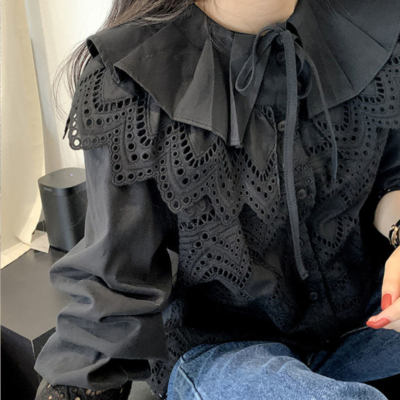 Sweet Hollow Out Lace Shirts Women Embroidery Peter Pan Collar Spring and Autumn Cotton Long Sleeve Women's Blouse 12717 210427