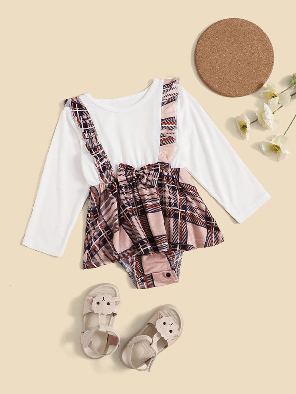Baby 1pc Plaid Print Ruffle Trim 2 In 1 Combo Bodysuit Dress SHE