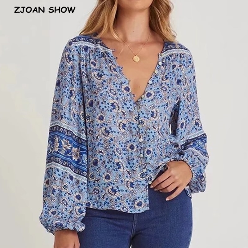 Autumn Bohemian Single-Breasted Button O neck Floral Print Long Sleeve Shirt BOHO Holiday Women Blouse Loose Causal Tops 210429