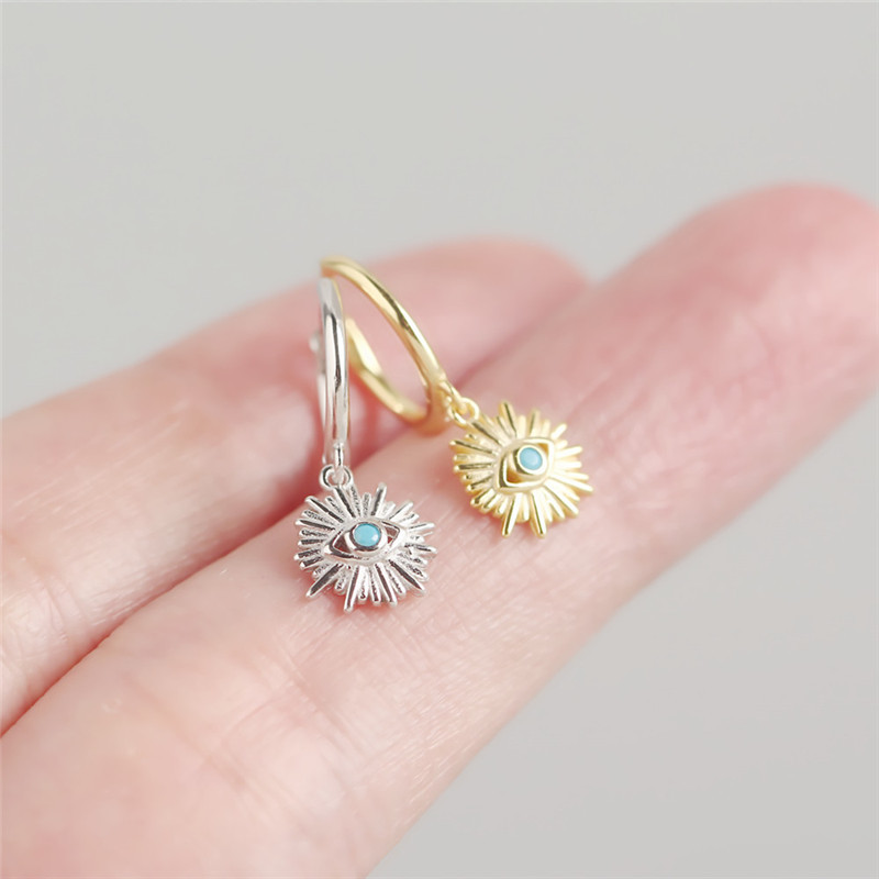 WANTME Geometric Round Real 925 Sterling Silver Blue Zircon Demon Eye Stud Earrings for Women Evil Eyes Ear Hoop Jewelry 210507