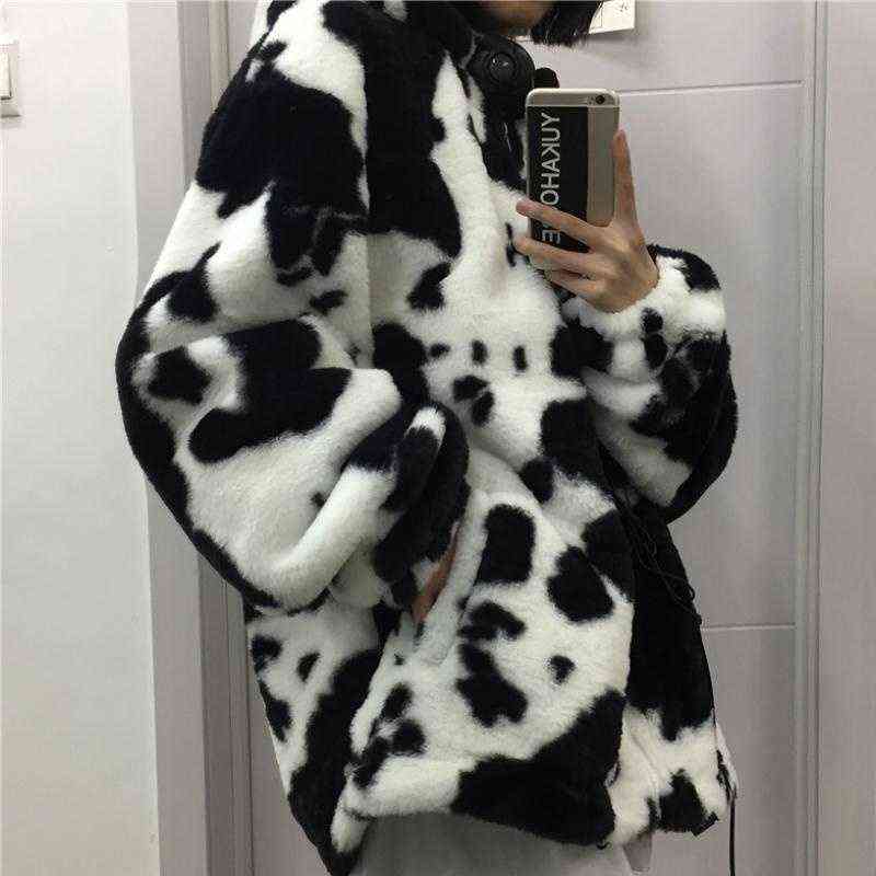 Winter Women Fleece Jackets Furry Teddy Coat Women Harajuku Milk Cow Print Faux Fur Jacket Vintage Hip Hop Warm Streetwear 211105