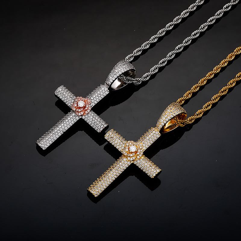 Hip Hop Rose Cross Pendant Necklace Shining Bling Zirconia For Men Women Gift with Twisted Rope Chain