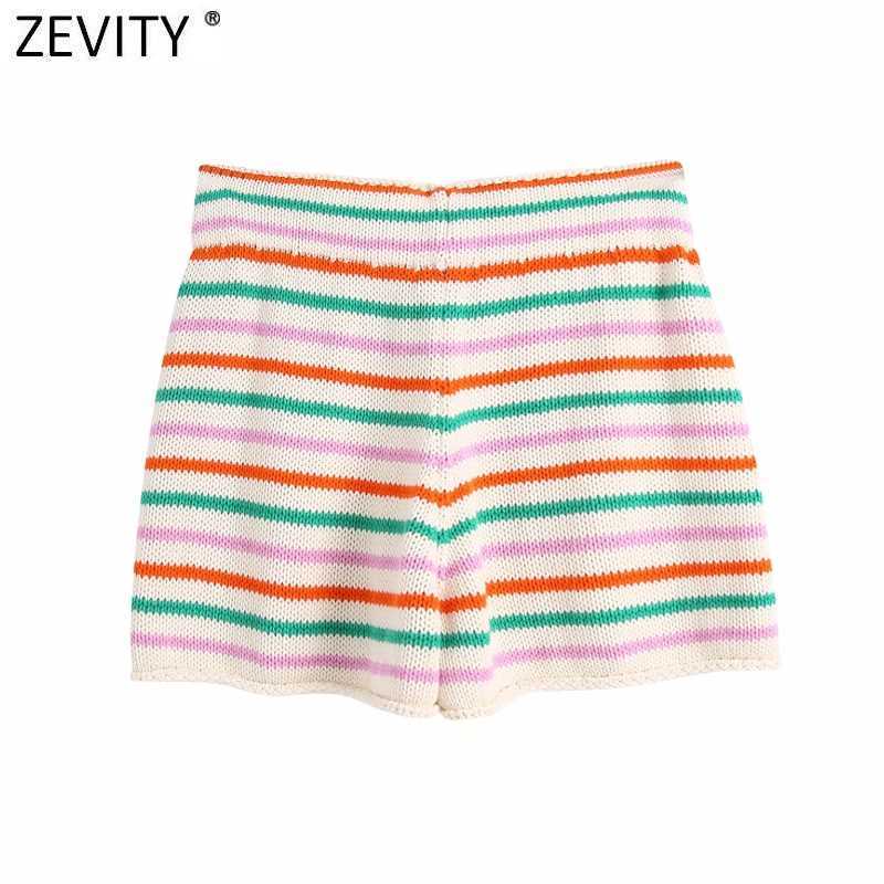 Zevity Women Fashion Colorful Striped Knitting Summer Shorts Femme Chic Lace Up Waist Casual Pantalone Cortos P1112 210625