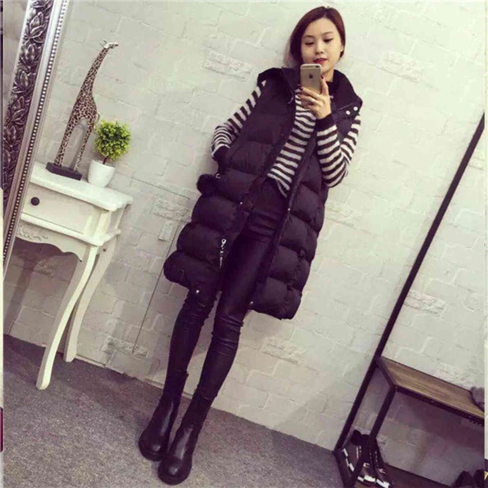 Women's Long Down Vest Outdoor Zipper Hooded Sleeveless Jacket Winter Warm Plus Size Quilted 211120