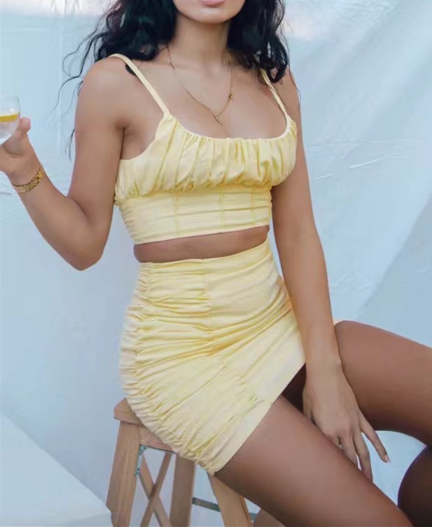 Summer Pleated Ruched Bra Tank Top Crop Sexy Women Draped High Waist Package Hips Skirts Camis 2 Pieces Set 210429