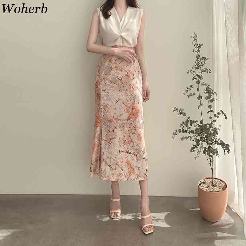 2 Piece Set Women Blouse V-neck Sleeveless Shirt High Waist Oil Painting Floral Skirt Summer Elegant Suit Two Sets 210519