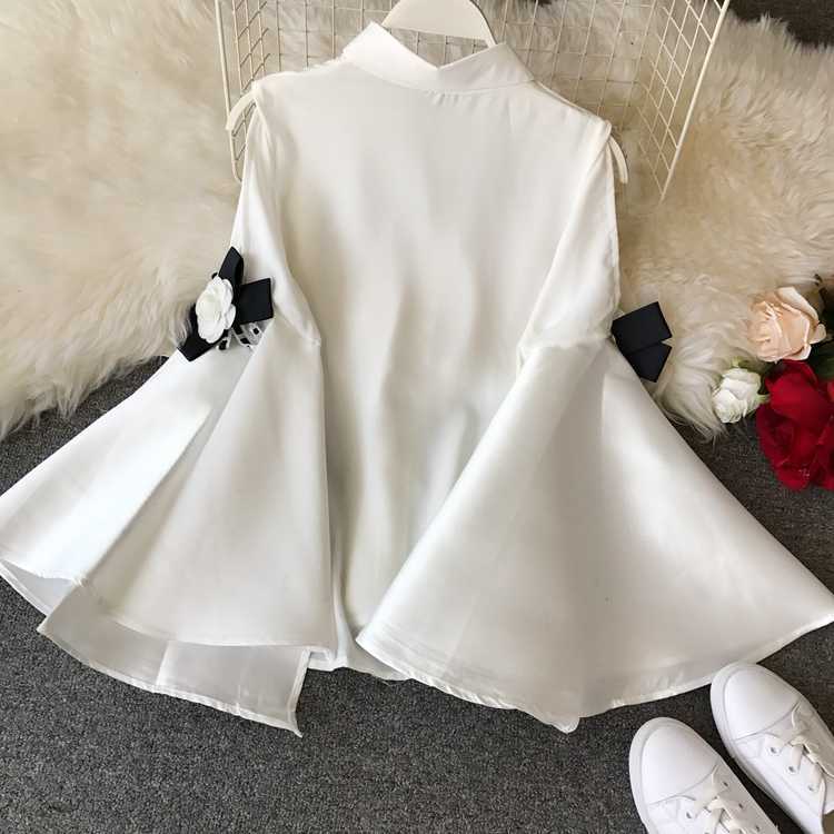 Spring Autumn Fashion Court Off-Shoulder Long Flare Sleeve Slim Fit Chiffon Blouses for Women Elegant Shirts Tops P365 210527
