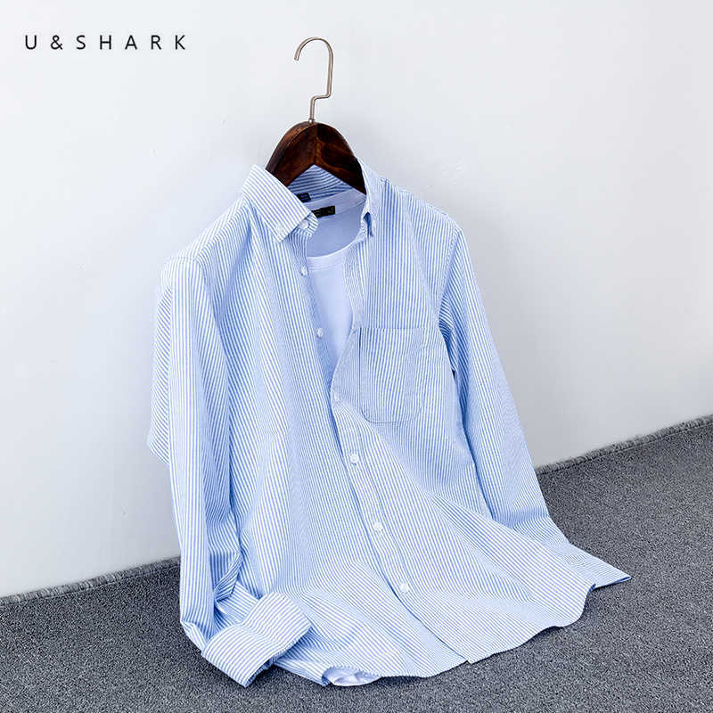 U&SHARK Striped Shirt Men Long Sleeve Slim Fit Formal Business Cotton Oxford Mens Dress Shirts Blue Grey Social Clothing Male 210603