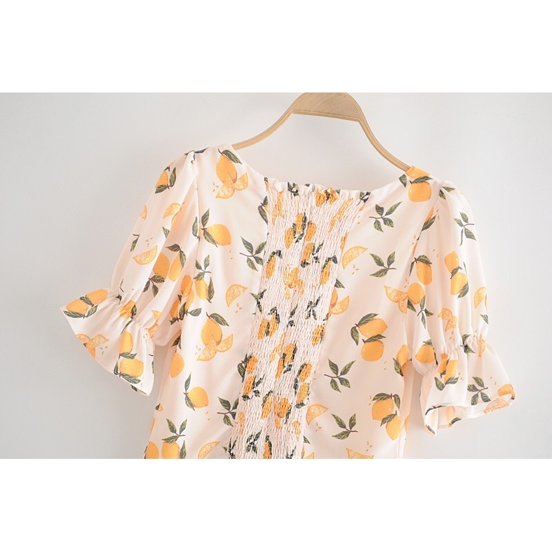 Vintage Fruit Orange Print Shirt Beige Retro Elastic Ruched Back Square Collar Short Sleeve Blouse tank top Tops 210429