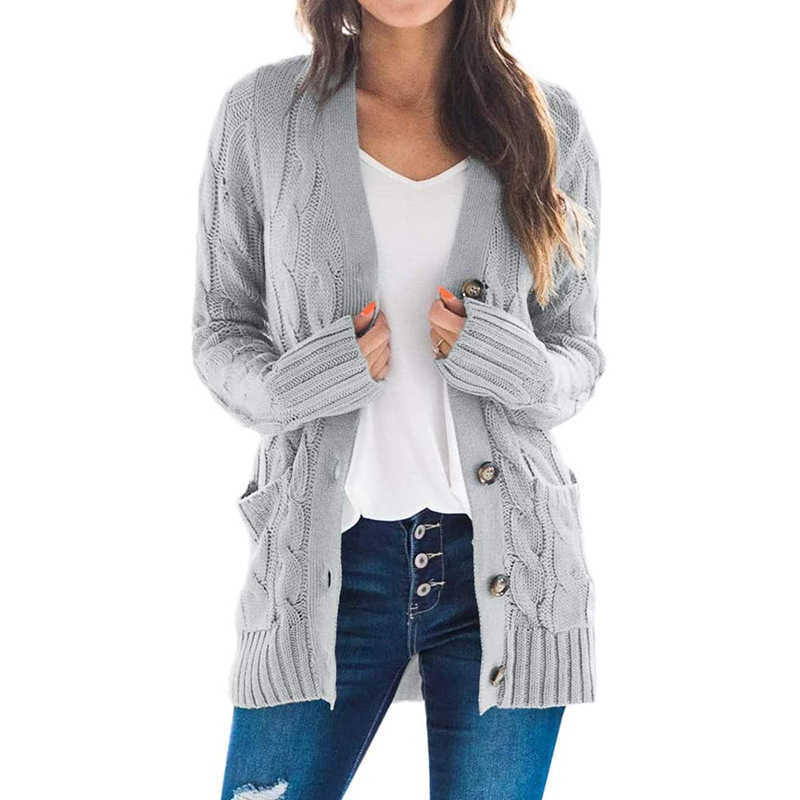 Autumn and Winter Female V-Neck Single Breasted Casual Cardigan Lady Button Pockets Grey Long Womens Loose Slim Sweater 210604