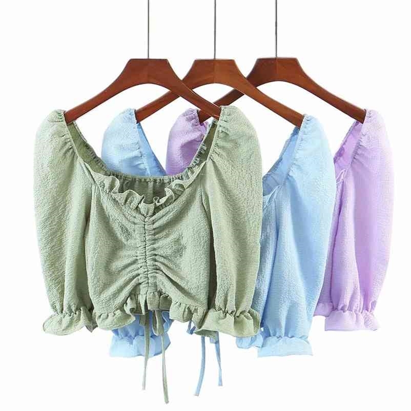 Sweet Women Square Collar Lotus Sleeve Blouse Summer Fashion Ladies High Street Female Shirt Elastic Drawstring Top 210515