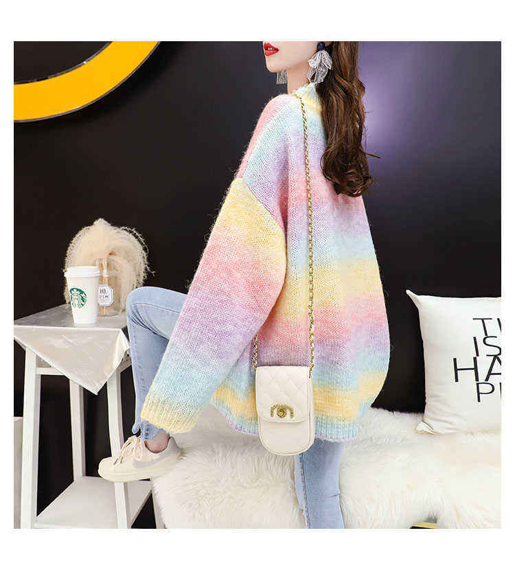 H.SA Autumn Winter Women Rainbow Sweater and Pullovers Oneck Long Loose Style Striped Korean Jumpers Candy Color Oversized Pull 210716