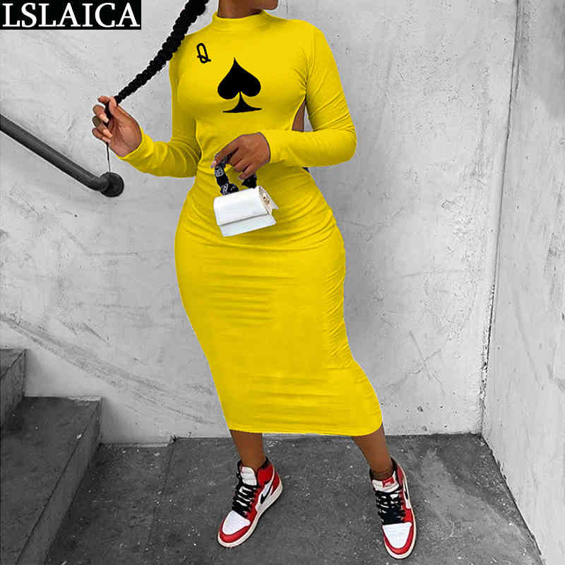 Sexy Dress Women Poker Print Autumn Stand Collar Backless Long Sleeve Hollow Bodycon Female Maxi Club Party Vestidos 210520