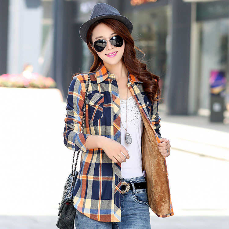 Winter Warm Women Plus Velvet Thicke Plaid Shirt Style Coat Jacket Clothes Tops Female Casual Outerwear 210914