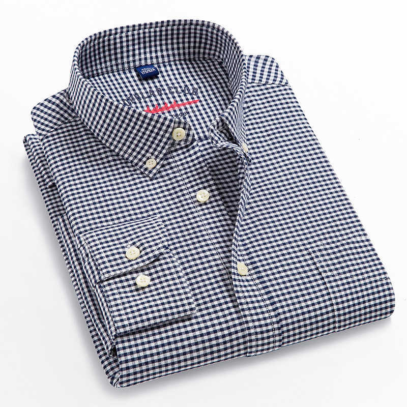 Checkered Men's Long Sleeved Plaid Shirts Casual 100% Cotton Business Mens Work Shirt Autumn Regular Fit Button Collar Man 210628