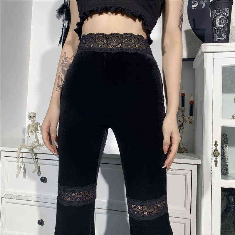 AltGirl Harajuku Punk Gothic Flare Pants Women Grunge Street Vintage Mall Goth Lace Patchwork Hollow Out Dark Black Velvet 211115