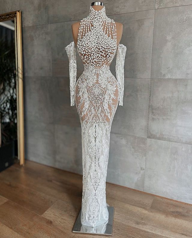 2025 Plus Size Aso Ebi Wedding Dress | Lace Pearls Sheath Bridal Gown