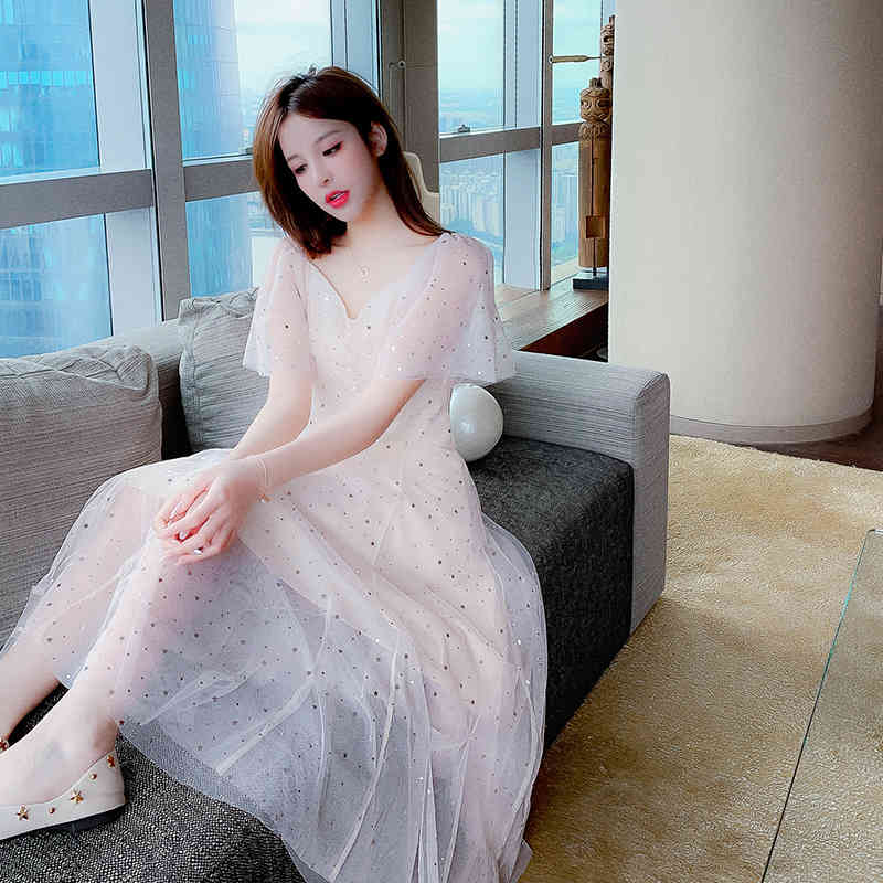 French Elegant Sequins Dress Vintage Mesh Women Fairy Summer Dress Sweet Kawaii Clothing Female Long Dress Spring 210515
