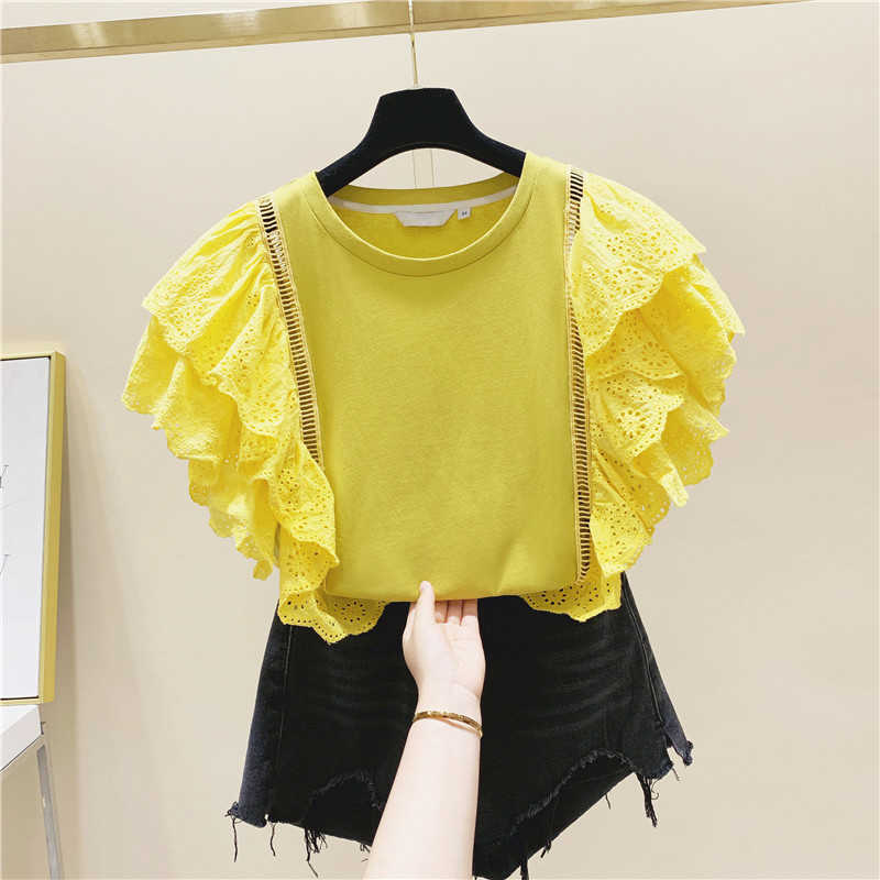 Lace Ruffled Cotton Short Sleeve T-shirt Female Summer Korean Style Women T Shirts Solid Color Clothing 210615Z