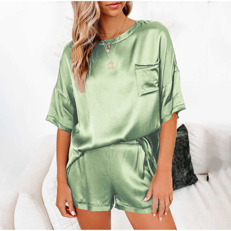 Women Satin Shorts 2 Piece Set Elegant Homewear Pink O-neck Pullover Tops and Loose Shorts Lounge Wear Suits Summer Pajamas Set X0612, Light blue
Women Satin Shorts 2 Piece Set Elegant Homewear Pink O-neck Pullover Tops and Loose Shorts Lounge Wear Suits Summer Pajamas Set X0612, Light blue