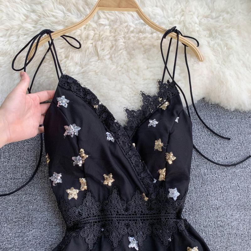 Vintage Party Dress Mesh Lace Sequined A-line Sexy Dresses Summer V-neck Stars Vestidos Zipper Clothing 210521