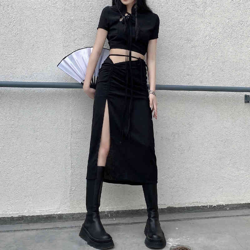 White Stand Collar Bandage Tops And High Waist Folds Split Mid-calf Skirt Two Piece Sets For Women In Summer 210427