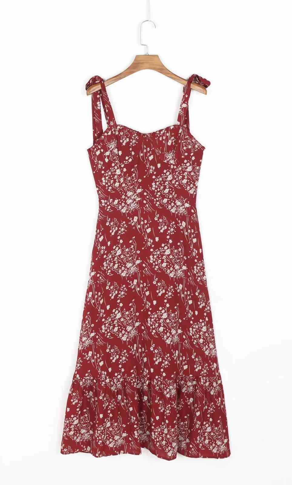 France Style Floral Print Bow Tie Strap Ruffles Hem Midi Dress Retro Sexy Women Elastic Slim Sling Tea Green Red 210429