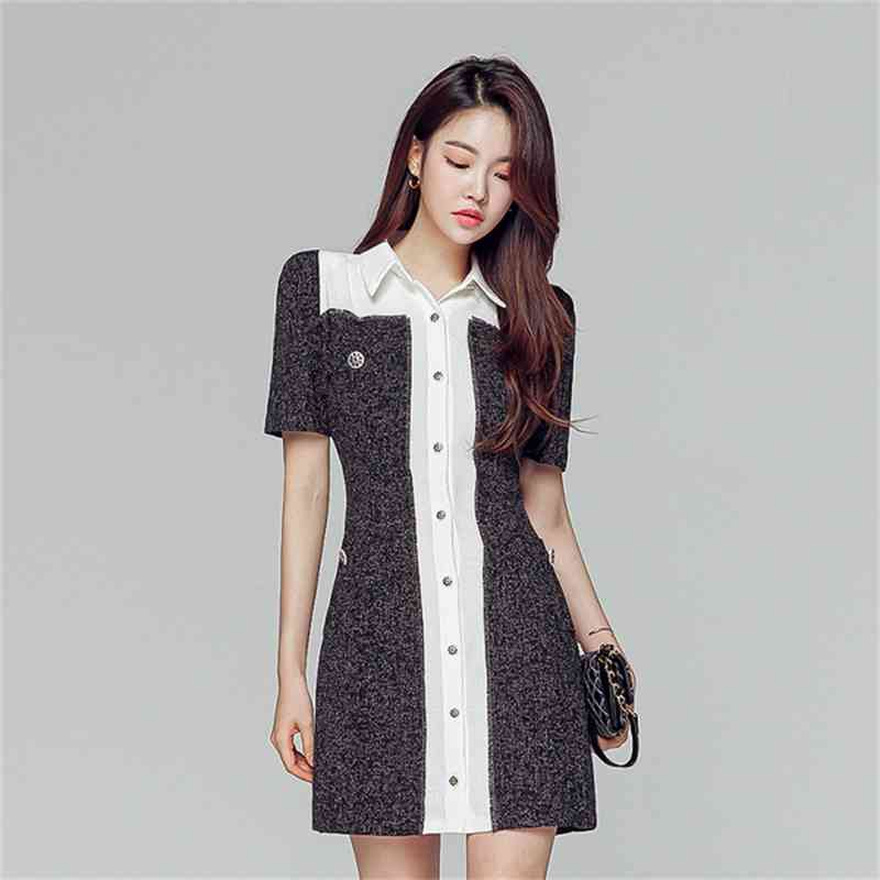 Autumn Women's Tweed Hit color patchwork Turn down collar Short Sleeve Mini Dress Bodycon Elegant Chic Vestido 210519