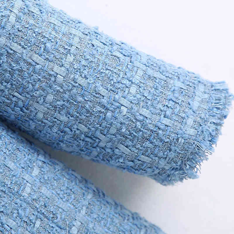 Fashion Office Wear Blue Tweed Blazer Women Elegant Double Breasted Jacket Coat Casual Long Sleeve Pockets Outwear 210515