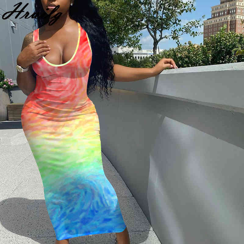 Woman Clothing Sleeveless Tie Dye Print Summer Beach Holiday Plus Size Dress for Women Party Club Night Elegant Robe Femme 210513