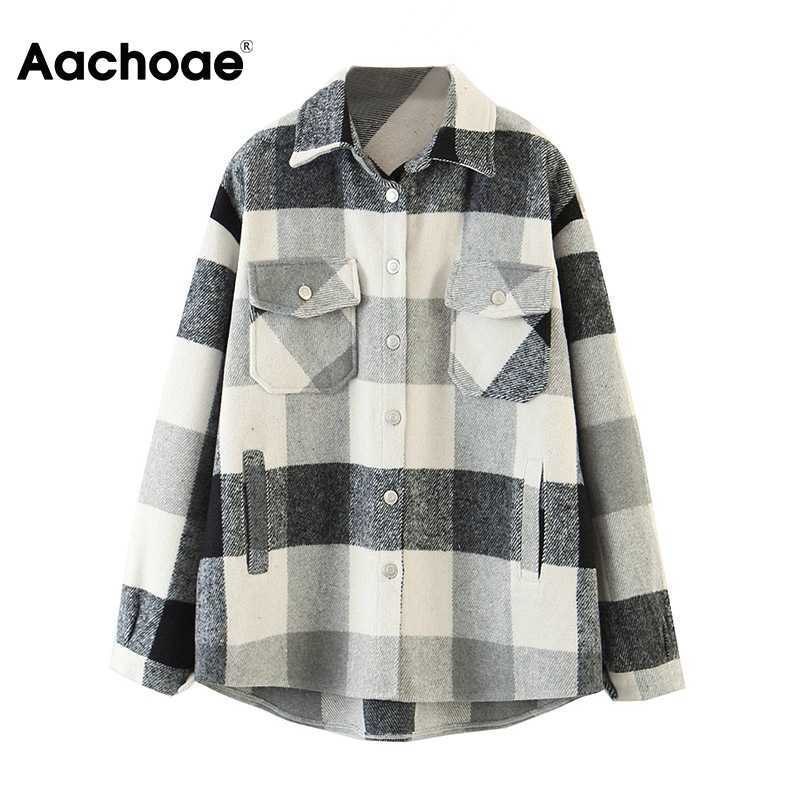 Aachoae Loose Casual Wool Plaid Jacket Women Turn Down Collar Fashion Coat With Pockets Autumn Long Sleeve Ladies Jackets Coats 210722