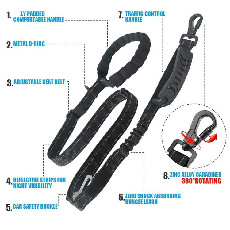 6FT Heavy Duty Dog Leashes 2 Padded Handles No Pull for Shock Absorption with Car Seat Belt Strong Bungee Reflective Training Walking Dogs Leash