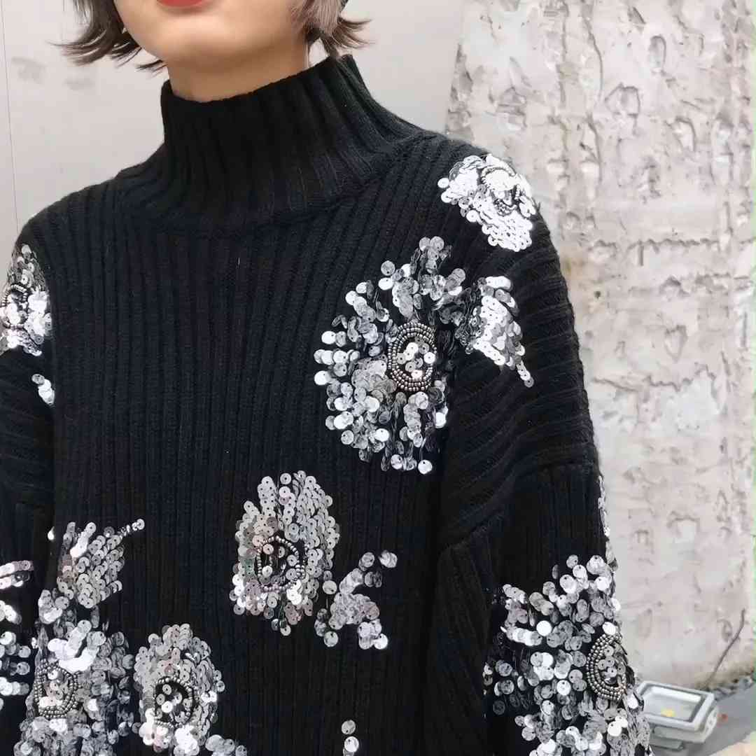 Vintage sequin black turtleneck sweater women knitted pullove casual thick korean winter 210521