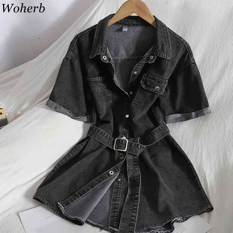 Fashion Denim Mini Dress Women Casual All Match Summer Korean Vestidos Slim Fit Pocket Bodycon Short Sleeve Shirt Dresses 210519