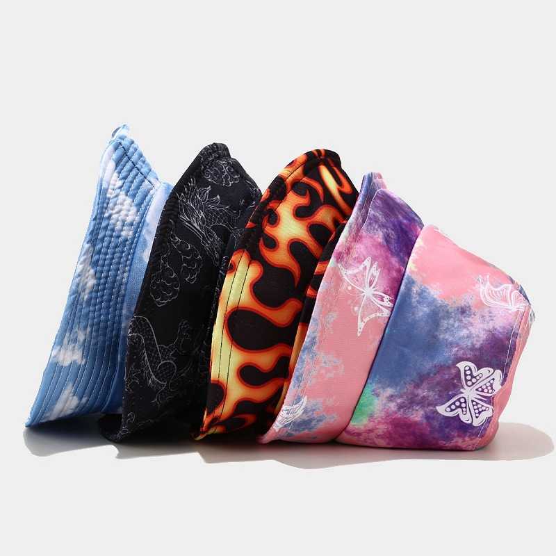 Rainbow Cow Tie Dye Blue Sky Clouds Flame Bucket Hat Women Men Multicolor Unisex Summer Panama Caps Outdoor Grid Fisherman's Hat Q0805