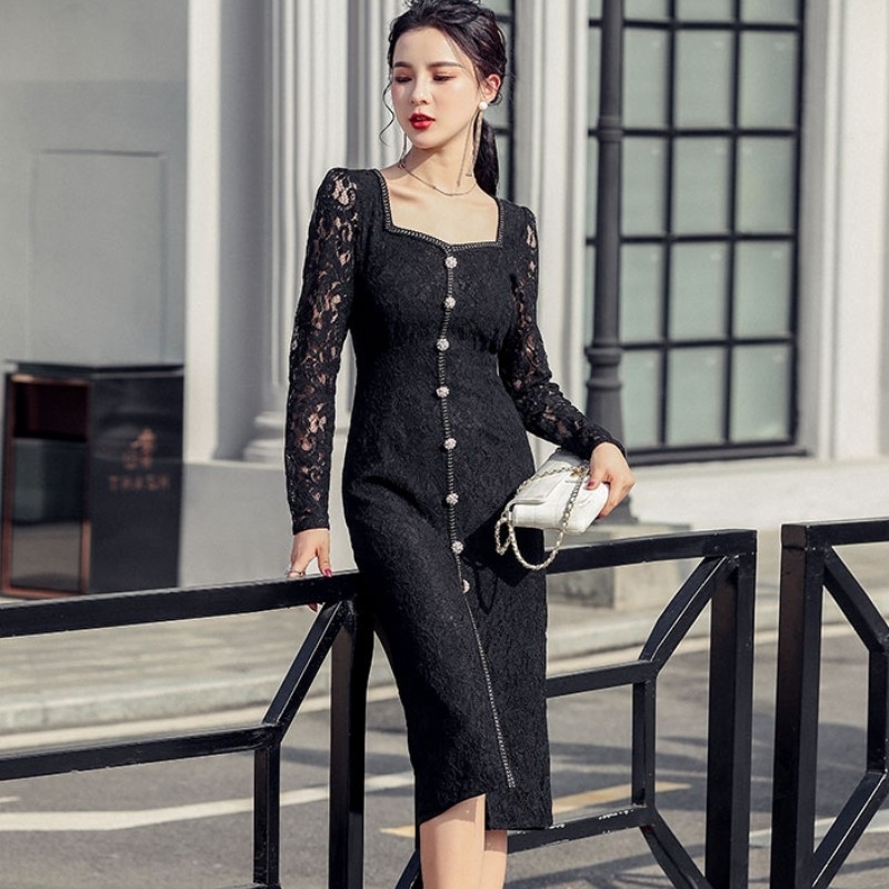 Spring Elegant Temperament Lace Dress Square Collar Long Sleeve High Waist Single Breasted Office Lady Bodycon Vestidos 210519