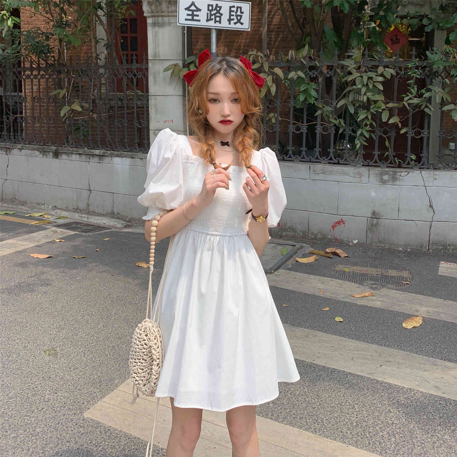 Summer Women Elegant Puff Sleeve Korean Style Sweet Dress Vintage Chiffon High Waist Casual Slim Party Female Vestido 210519