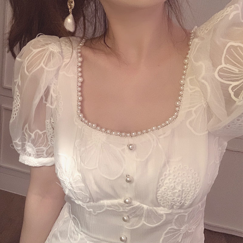 Summer French Vintage White Dress Women Chiffon Square Collar Elegant Embroidery Fairy Lace Dress Korean 210521