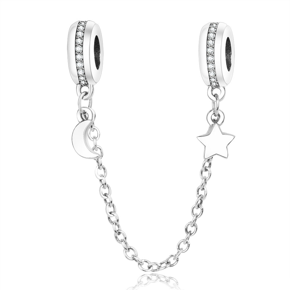 Authentic 925 Sterling Silver Moon Star Dangle Safety Chain Beads Fit Original Brand Charm Bracelet DIY Jewelry Making Berloque