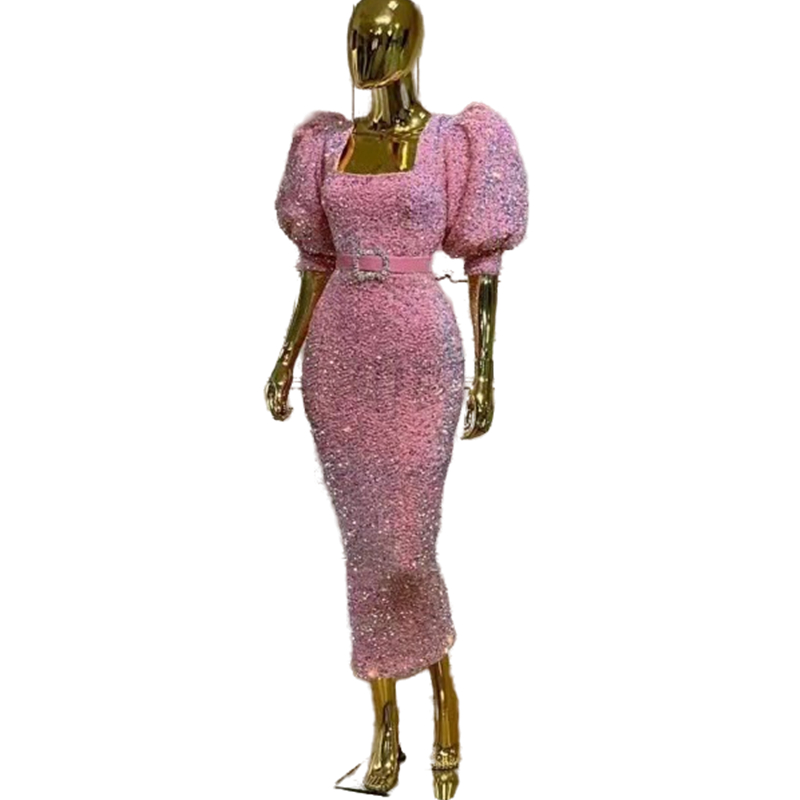 Sparkly Tea Length Pink Sequined Prom Dresses Sheath Short Sleeve Simple Formal Party Gowns Shiny Sequins Evening Dresses 2022