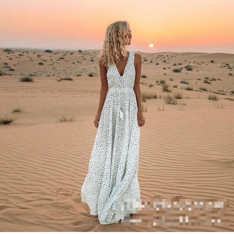 Women Dresses Irregular Dot Print V Neck Sleeveless Long Slim Thin Pleated Plus Size Summer 210513