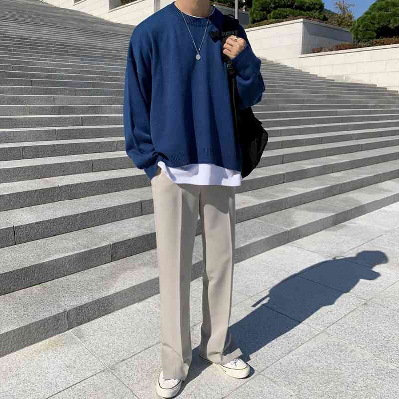 IEFB men's solid color sweater autumn Korean style loose round collar knitted long sleeve base tops male trend clothes Y4239 210524