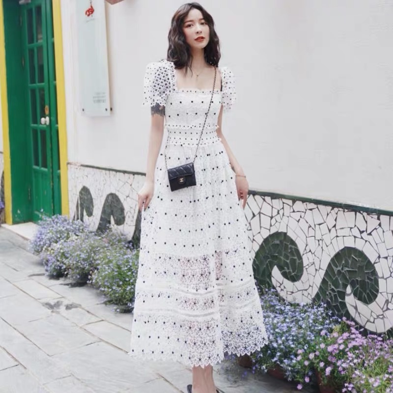 vintage victorian white polka dot A-line square collar retro midi dress women party daily robe dresses fashion chic 210421
