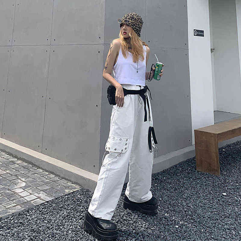 HOUZHOU Harajuku Punk Black Cargo Pants Women Gothic Chain White Wide Leg Trousers Female Hippie Street Style Emo Mall Goth 211115