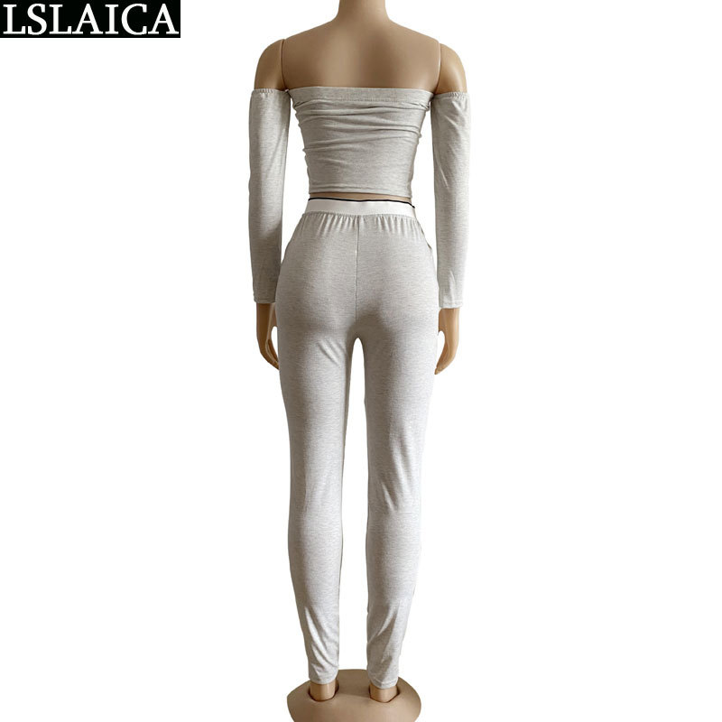 Outfits for Women 2 Piece Set Skinny Strapless Long Sleeve Crop Top Pencil Pants Sets Sportswear Solid Plus Size Gym Sweat Suits 210520